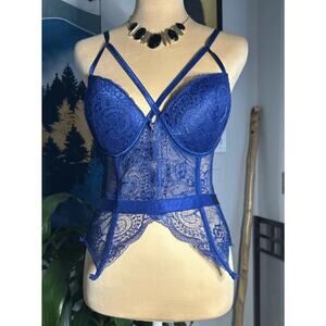 Just Sexy Lingerie Royal Blue Floral Mesh Ribbon Corset Bustier Top M Push Up